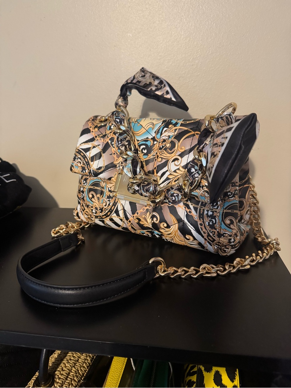Printed Chain-Handle Shoulder Bag in Black & Gold